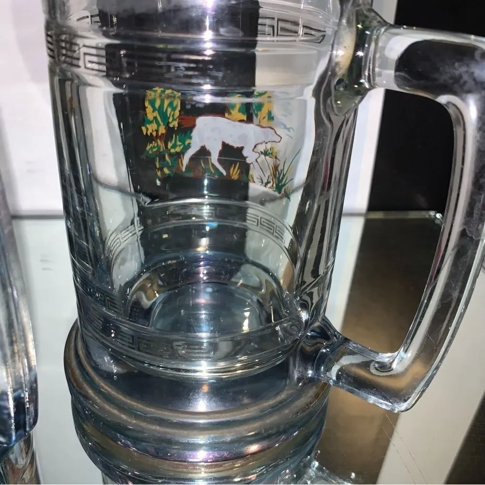 Vintage Pair of Hunting Vibe Clear Glass Beer Coffee Drink Mug With Handle